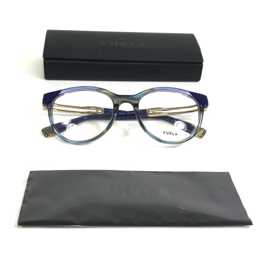 Furla Eyeglasses Frame VFU672 COL.0931 Blue Horn Gold Cat Eye Full Rim 51-19-135